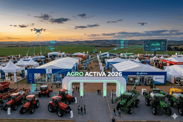 Vista panorámica de la feria AgroActiva 2026 con stands, maquinaria agrícola moderna, drones sobrevolando los lotes y gráficos digitales de telemetría y agricultura de precisión.